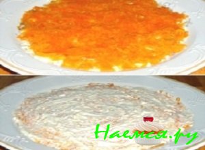 Третий слой – тертая морковка заправленная соусом Третий слой – тертая морковка заправленная соусом