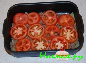 Затем помойте, просушите и порежьте помидоры в виде колец. Выкладывайте их следующим слоем на фарш. Затем помойте, просушите и порежьте помидоры в виде колец. Выкладывайте их следующим слоем на фарш.