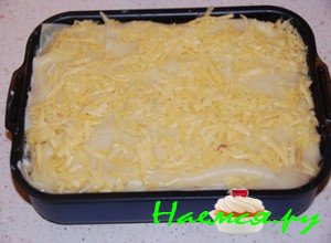 Засыпьте блюдо тщательно еще раз потертым сыром Засыпьте блюдо тщательно еще раз потертым сыром