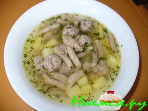 Суп с ржаными галушками и мясными фрикадельками Суп с ржаными галушками и мясными фрикадельками