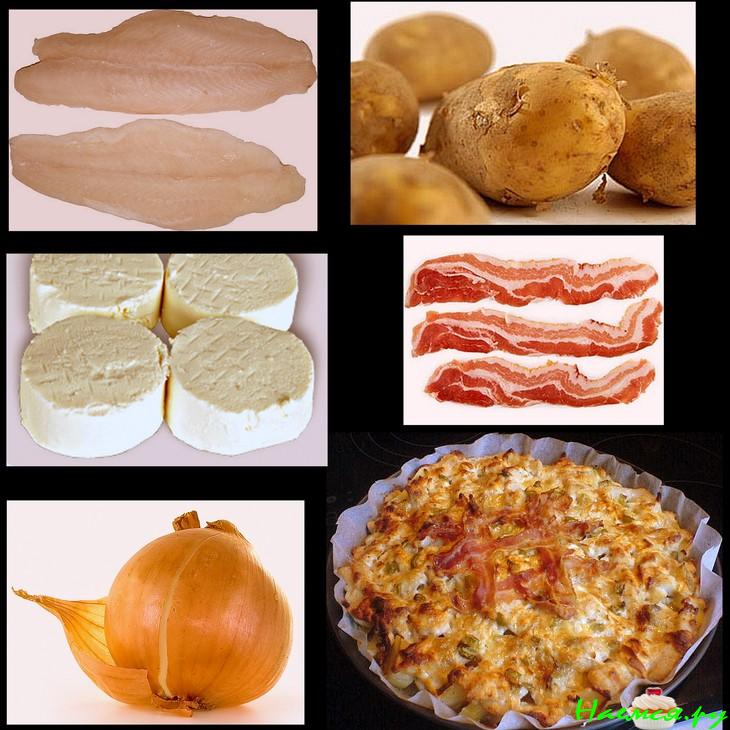 Запеканка рыбная с козьим сыром, под "беконовой сеткой"