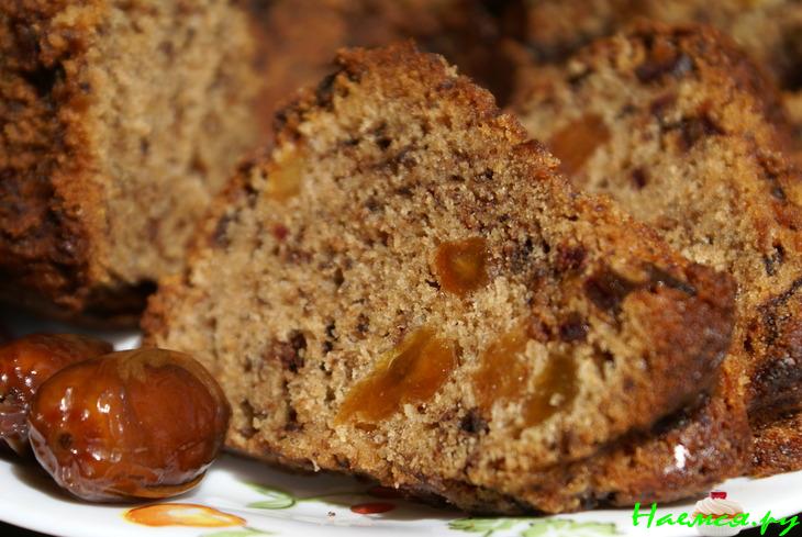 Кекс с бананом, шоколадом, изюмом и финиками
