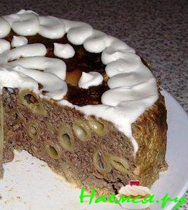 Тортик с макаронами и фаршем