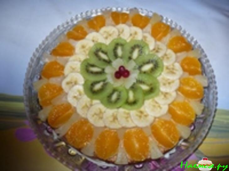 Тортик с фруктами в желе и взбитыми сливками