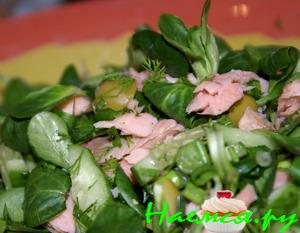 Зелёный салат с копченой горбушей