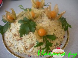 Салат "Шарлотка" с шампиньонами и куриным филе