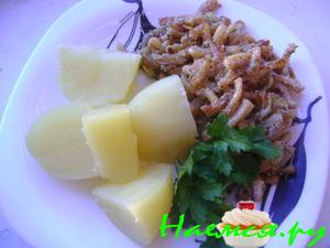 Жареный кальмар в сметане с картофелем