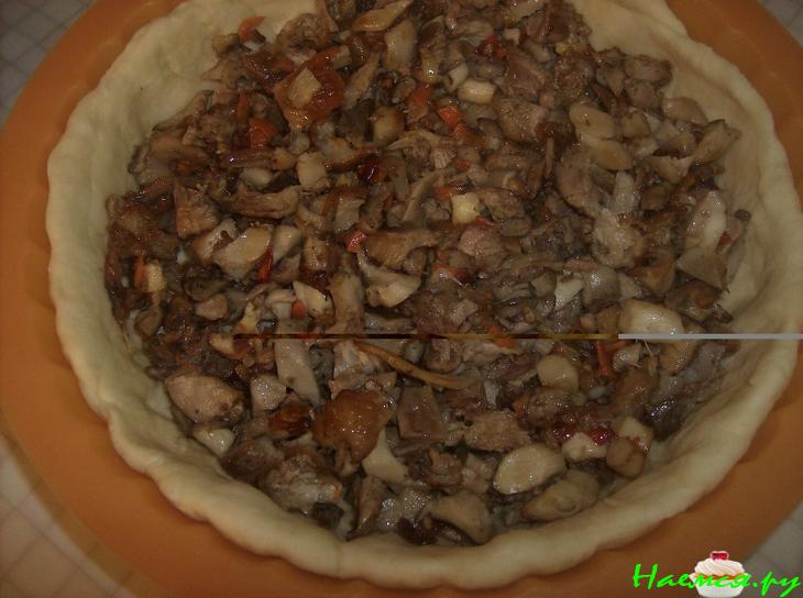 Открытый пирог с уткой и вешенками