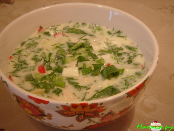 Окрошка на кефире с курицей и шпинатом