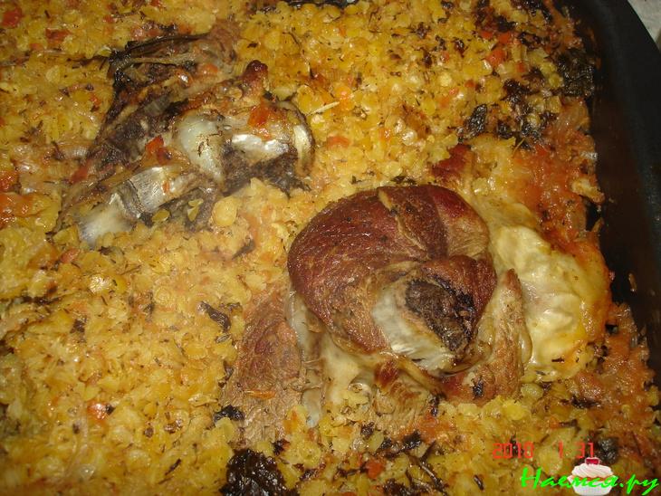 Бараний окорок с чечевицей