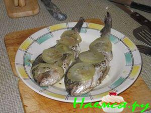 Дорада в фольге с луком