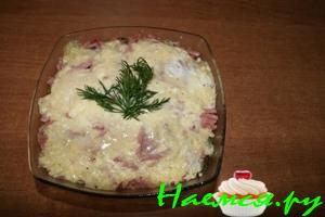 Горячий салат с ветчиной и шампиньонами