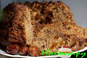 Кекс с бананом, шоколадом, изюмом и финиками