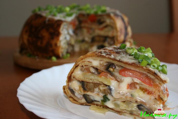 Блинчатый пирог с цуккини, баклажанами и грибами Блинчатый пирог с цуккини, баклажанами и грибами