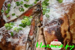 Блинчатый пирог с цуккини, баклажанами и грибами Блинчатый пирог с цуккини, баклажанами и грибами