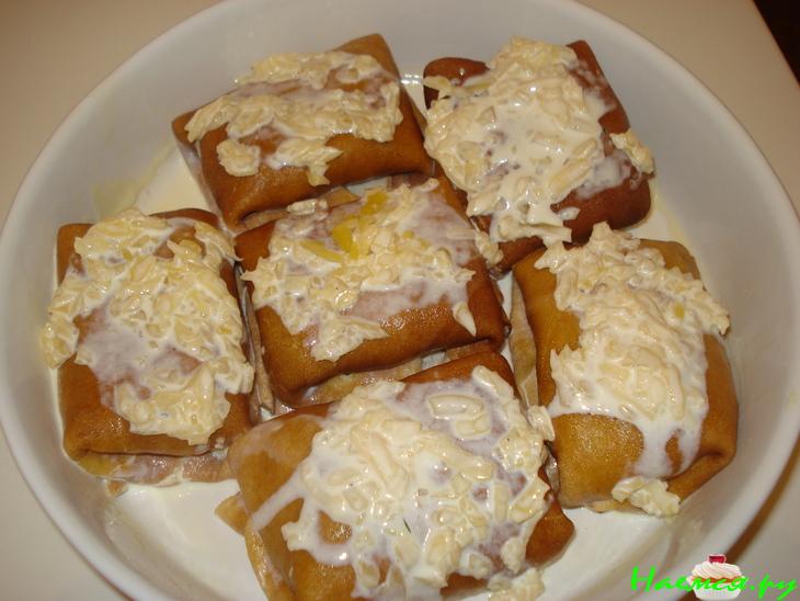 Блинчики с мясной начинкой под сырно-сливочным соусом Блинчики с мясной начинкой под сырно-сливочным соусом