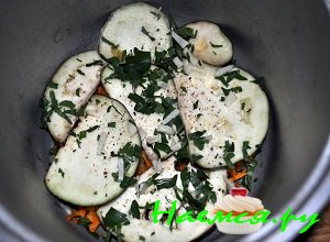 Баклажаны выложить равномерным слоем на морковку и лук