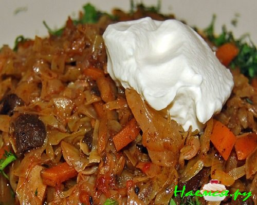 Тушеная капуста с говядиной и грибами фото