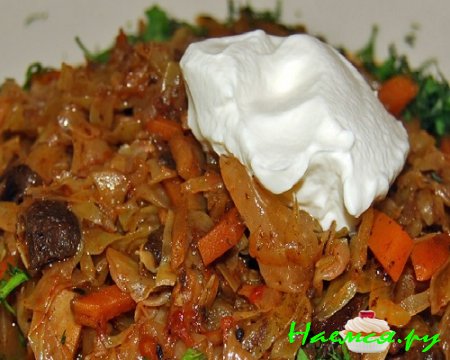 Тушеная капуста с говядиной и грибами