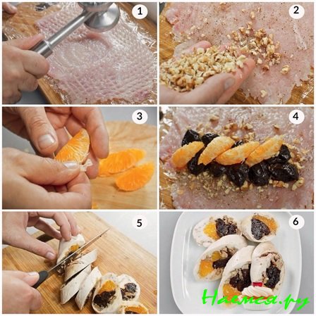 Куриный рулет с мандаринами и черносливом рецепт приготовления